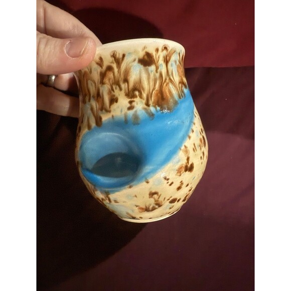 Handmade Ceramic Vase with Blue & Brown Glaze, Polkadots, Artist Signed NS or SN - Picture 4 of 10